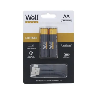 Acumulator AA R6 Li-ion 14500 1.5V 1660mAh 2500mWh cu incarcare 5V USB-C 2buc/blister Well ACCU-14500/166C-BL2-WL