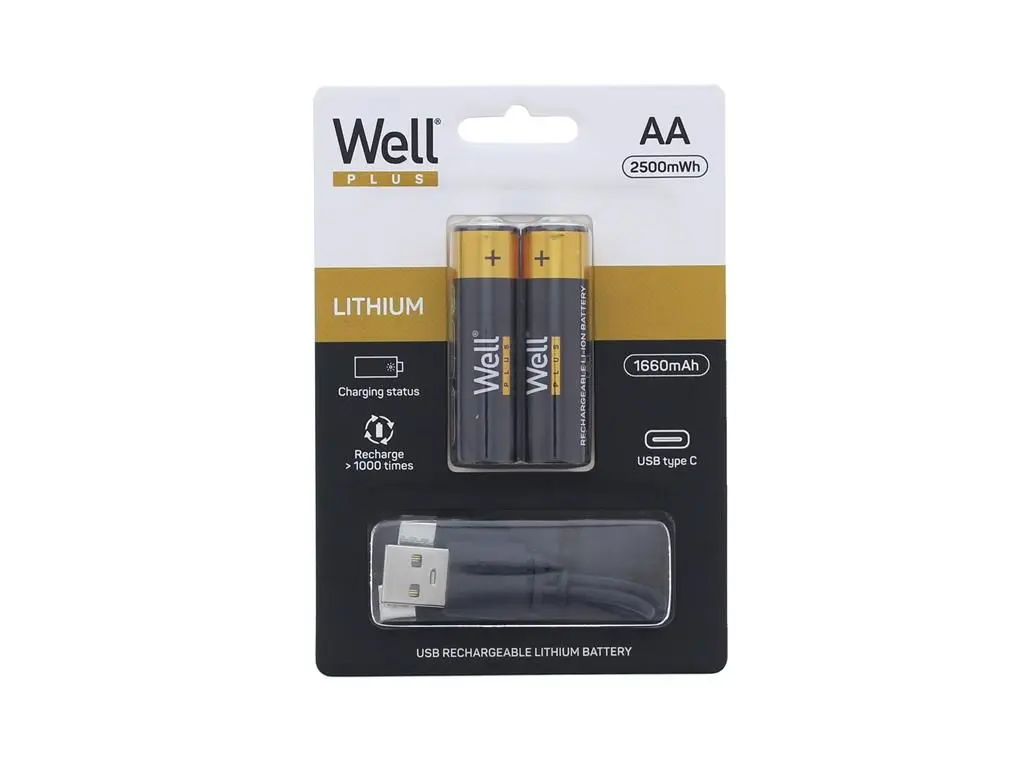 Acumulator AA R6 Li-ion 14500 1.5V 1660mAh 2500mWh cu incarcare 5V USB-C 2buc/blister Well ACCU-14500/166C-BL2-WL