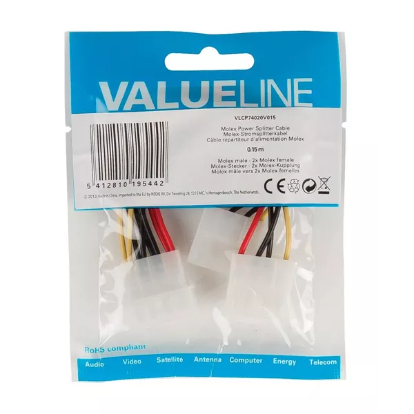 Cablu adaptor Intern PC sursa Molex tata - 2x Molex mama 0.15m Valueline - imagine 2