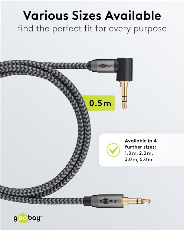 Cablu audio stereo 0.5m textil impletit Jack 3.5 mm - 3.5 mm 90 grade tata-tata aurit Goobay 65277 - imagine 3