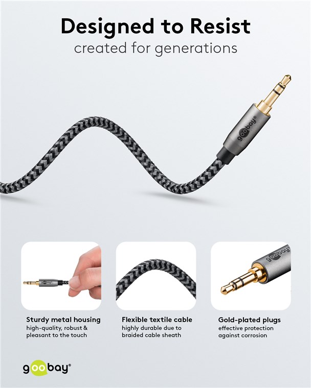 Cablu audio stereo AUX Jack 3.5 mm tata-tata 2m premium extrem de flexibil textil negru Goobay Plus 65274 - imagine 4