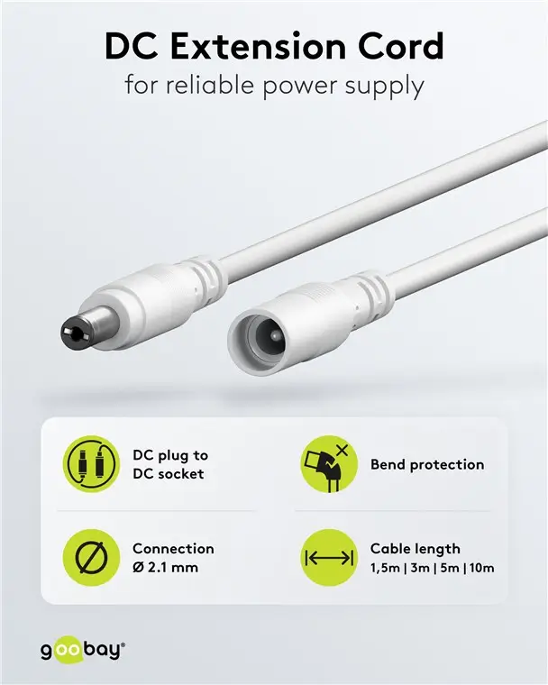 Cablu prelungitor DC 5.5/2.1 mufa - DC 5.5/2.1 soclu 10m 5A 2x0.5mm2 cupru drept alb Goobay 76677 - imagine 3