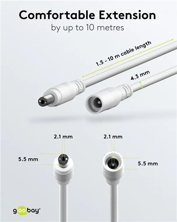 Cablu prelungitor DC 5.5/2.1 mufa - DC 5.5/2.1 soclu 10m 5A 2x0.5mm2 cupru drept alb Goobay 76677 - imagine 4