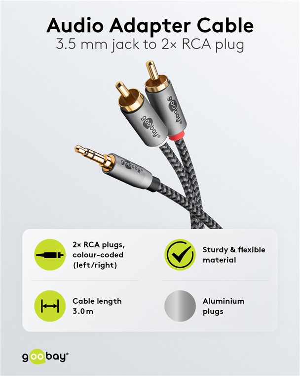 Cablu stereo premium extrem de flexibil textil 3m Jack 3.5 mm tata - 2x RCA tata negru Goobay Plus 65289 - imagine 2