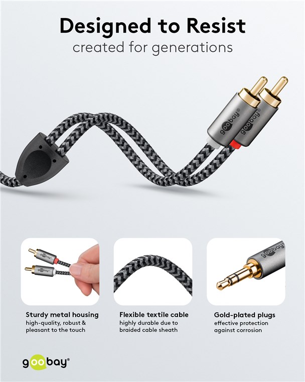 Cablu stereo premium extrem de flexibil textil 3m Jack 3.5 mm tata - 2x RCA tata negru Goobay Plus 65289 - imagine 3