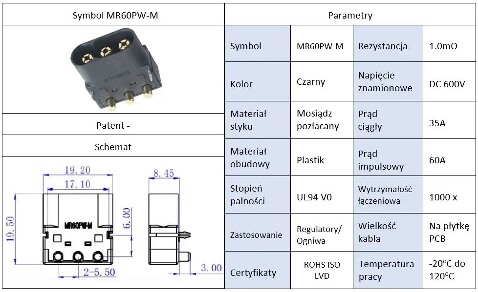 Conector alimentare DC soclu tata MR60 3-pini 35A /600V THT AMASS MR60PW-M - imagine 3