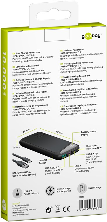 Fast Charge Power Bank acumulator extern 10000mAh USB type C PD QC 3.0 Goobay - imagine 11