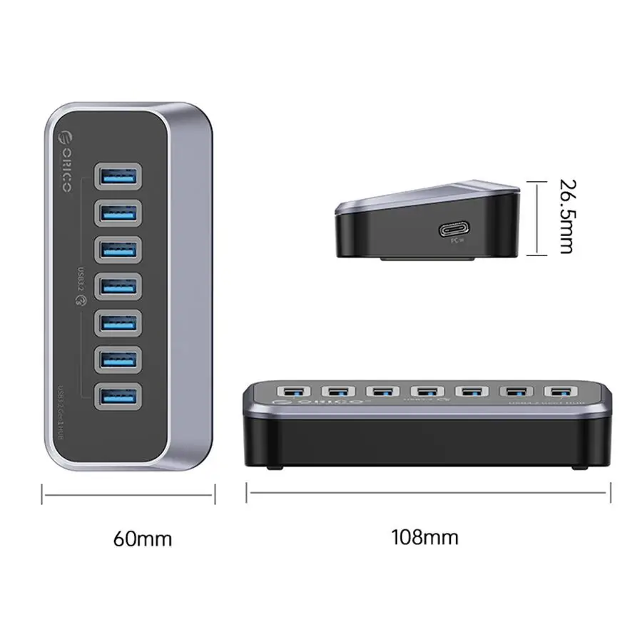 HUB USB Orico M3U3-7A-10-BK cu 7 port-uri USB3.2 gri 1m - imagine 3