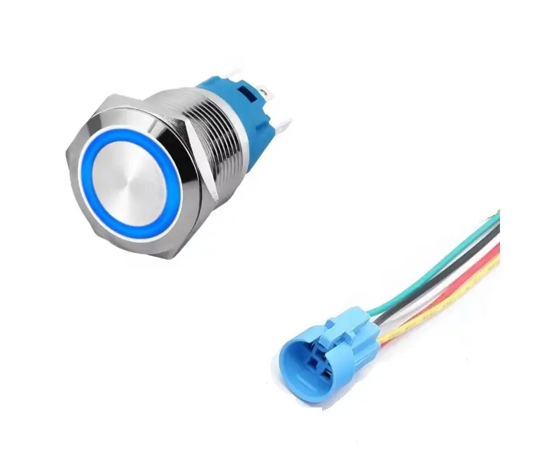 Intrerupator buton SW 2 OFF-(ON) fara retinere metal 16mm 12-24V LED albastru