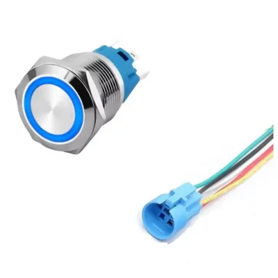 Intrerupator buton SW 2 ON-OFF cu retinere metal 16mm 12-24V LED albastru