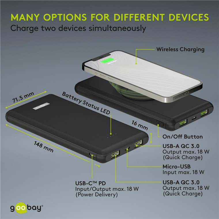 Power Bank acumulator extern wireless 10000mAh USB TYPE C PD QC3.0 Fast Charger Goobay - imagine 13
