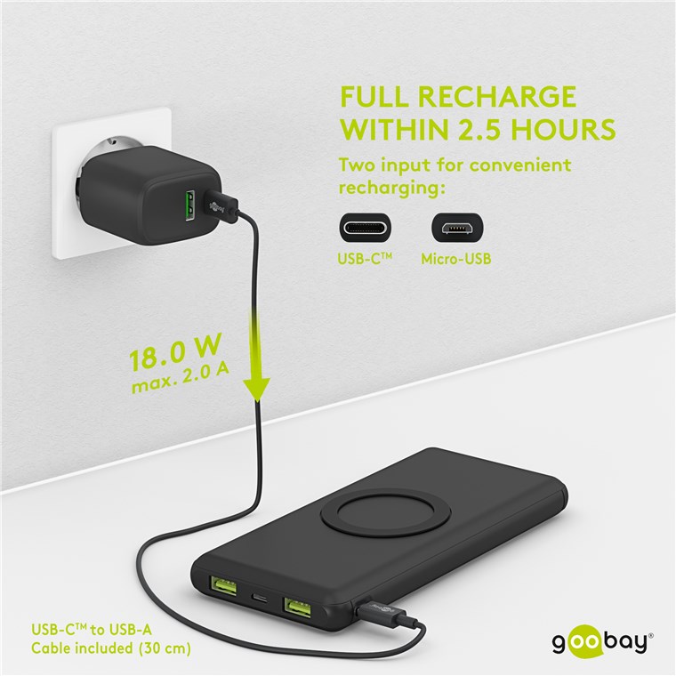 Power Bank acumulator extern wireless 10000mAh USB TYPE C PD QC3.0 Fast Charger Goobay - imagine 14