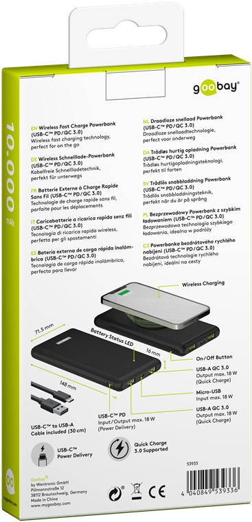 Power Bank acumulator extern wireless 10000mAh USB TYPE C PD QC3.0 Fast Charger Goobay - imagine 18