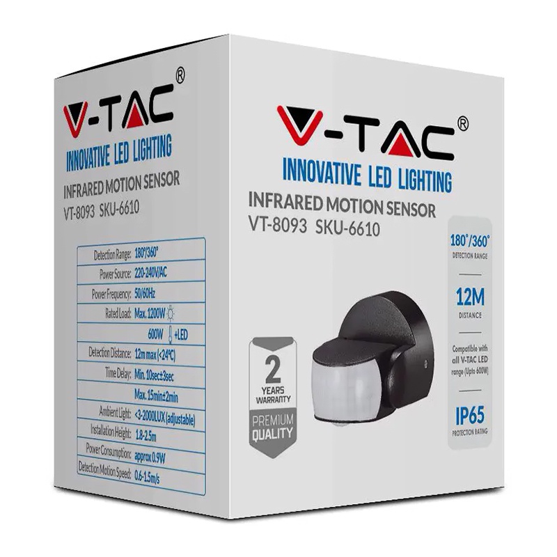 Senzor de miscare 180/360 grade 12m 1200W negru V-TAC - imagine 6
