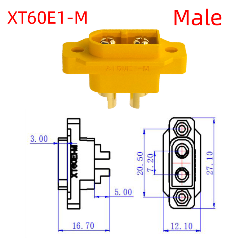 Soclu alimentare DC XT60 tata 2pini lipire montare pe panou 30A 500V galbena AMASS XT60E1-M / XT60E-M - imagine 3